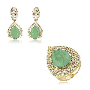 Conjunto luxo de brinco e anel cravejado de zircônia cristal com pedra fusion turmalina banho em ouro 18k