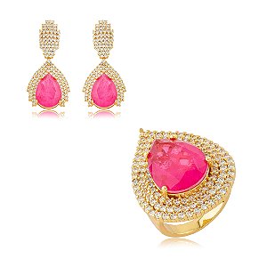 Conjunto luxo de brinco e anel cravejado de zircônia cristal com pedra fusion rubelita banho em ouro 18k