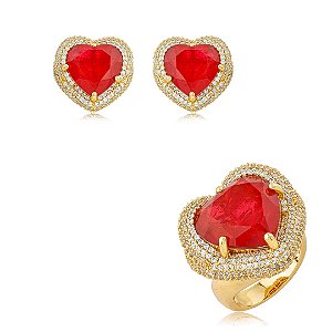 Conjunto coração de brinco e anel cravejado de zircônia cristal com pedra fusion rubi banho em ouro 18k