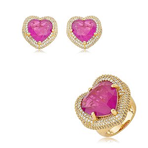 Conjunto coração de brinco e anel cravejado de zircônia cristal com pedra fusion ametista banho em ouro 18k