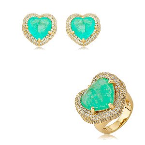 Conjunto coração de brinco e anel cravejado de zircônia cristal com pedra fusion turmalina banho em ouro 18k