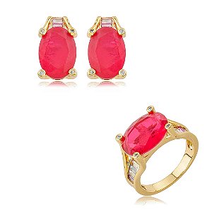 Conjunto de brinco e anel cravejado de zircônia cristal com pedra fusion rubelita banho em ouro 18k
