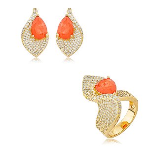 Conjunto de brinco e anel cravejado de zircônia cristal com pedra fusion coral banho em ouro 18k