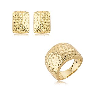 Conjunto de brinco e anel liso martelado banho em ouro 18k