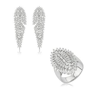 Conjunto de luxo com brinco e anel cravejado de zircônia cristal banho ródio branco