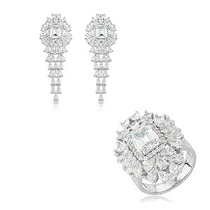 Conjunto de luxo com brinco e anel cravejado de zircônia cristal banho ródio branco