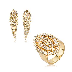 Conjunto de luxo com brinco e anel cravejado de zircônia cristal banho ouro 18k