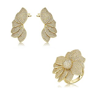 Conjunto flor de brinco e anel cravejado de zircônia cristal banho ouro 18k