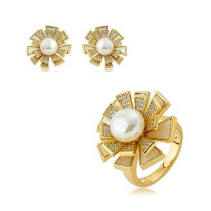 Conjunto flor luxo de brinco e anel cravejado de zircônia cristal com pérola banho em ouro 18k