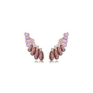 Brinco ear cuff de luxo cravejado de zircônia ametista banho em ouro 18k