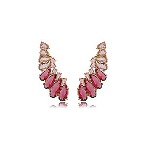 Brinco ear cuff de luxo cravejado de zircônia pink banho em ouro 18k
