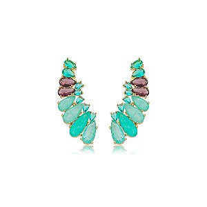 Brinco ear cuff de luxo cravejado de zircônia e com pedra fusion turmalina banho em ouro 18k