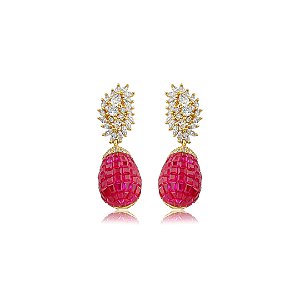 Brinco de luxo cravejado de zircônia cristal e pink banho em ouro 18k