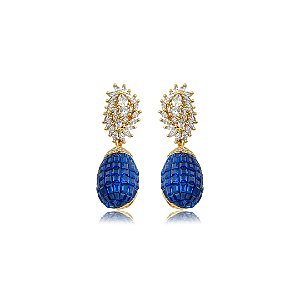 Brinco de luxo cravejado de zircônia cristal e safira banho em ouro 18k