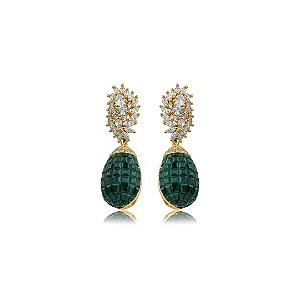 Brinco de luxo cravejado de zircônia cristal e esmeralda banho em ouro 18k