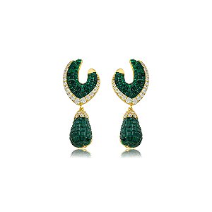 Brinco de luxo cravejado de zircônia cristal e esmeralda banho em ouro 18k