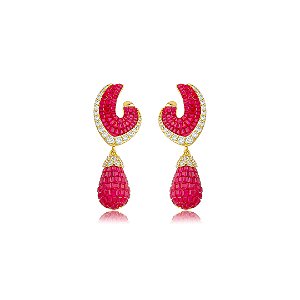 Brinco de luxo cravejado de zircônia cristal e pink banho em ouro 18k