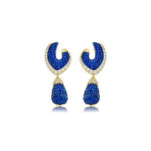 Brinco de luxo cravejado de zircônia cristal e safira banho em ouro 18k