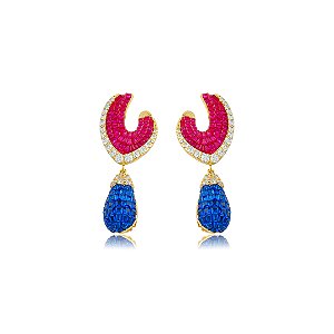 Brinco de luxo cravejado de zircônia cristal, pink e safira banho em ouro 18k