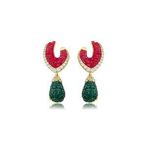 Brinco de luxo cravejado de zircônia cristal, pink e esmeralda banho em ouro 18k