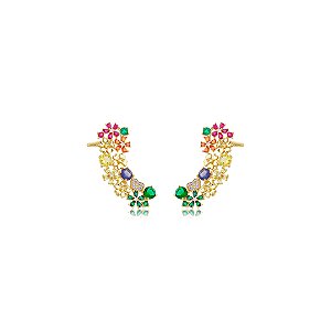 Brinco ear cuff de flor cravejado de zircônia colorida banho em ouro 18k
