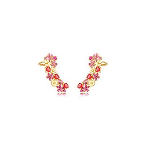 Brinco ear cuff de flor cravejado de zircônia pink banho em ouro 18k