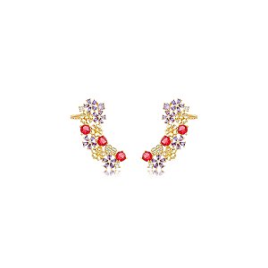 Brinco ear cuff de flor cravejado de zircônia rubi e ametista banho em ouro 18k