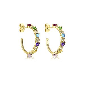 Brinco argola de coração cravejado de zircônia colorida banho em ouro 18k