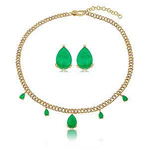 Conjunto luxo de brinco e colar cravejado de zircônia colorida com pedra fusion esmeralda banho em ouro 18k