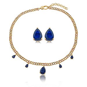 Conjunto luxo de brinco e colar cravejado de zircônia colorida com pedra fusion safira banho em ouro 18k