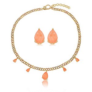 Conjunto luxo de brinco e colar cravejado de zircônia colorida com pedra fusion morganita banho em ouro 18k