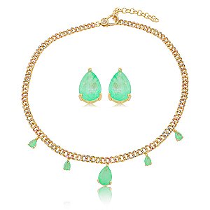 Conjunto luxo de brinco e colar cravejado de zircônia colorida com pedra fusion turmalina banho em ouro 18k