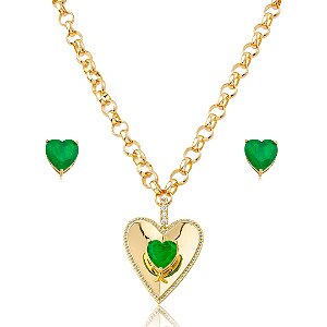 Conjunto de brinco e colar de coração com fusion esmeralda banho em ouro 18k