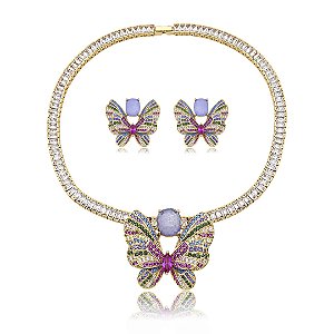 Conjunto luxo borboleta de brinco e colar cravejado de zircônia com pedra fusion ametista banho ouro 18k