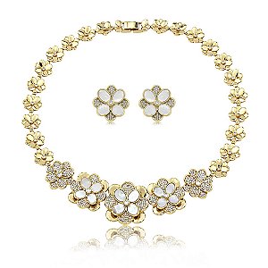 Conjunto luxo flor de brinco e colar cravejado de zircônia cristal com madre pérola banho em ouro 18k