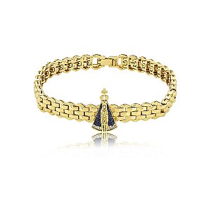 Pulseira dourada com detalhe cravejado de zircônia safira banho em ouro 18k