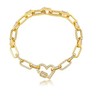Pulseira de coração cravejado de zircônia cristal banho em ouro 18k