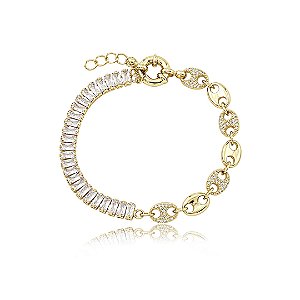 Pulseira dourada cravejada de zircônia cristal banho em ouro 18k