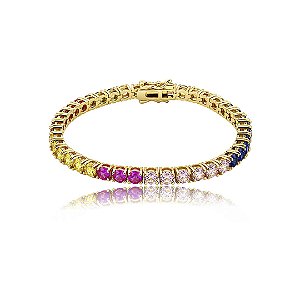 Pulseira riviera cravejada de zircônia colorida banho em ouro 18k
