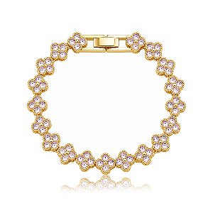 Pulseira riviera de flor cravejada de zircônia rodonita banho em ouro 18k