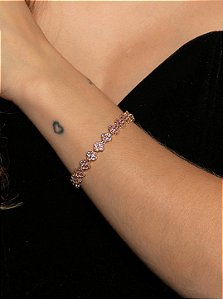 Pulseira riviera de flor cravejada de zircônia rodonita banho em ouro 18k