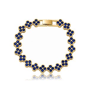 Pulseira riviera de flor cravejada de zircônia safira banho em ouro 18k