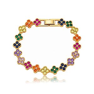 Pulseira riviera de flor cravejada de zircônia colorida banho em ouro 18k