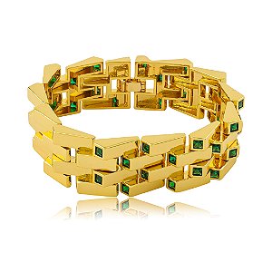 Pulseira dourada com detalhes cravejados de zircônia esmeralda banho em ouro 18k