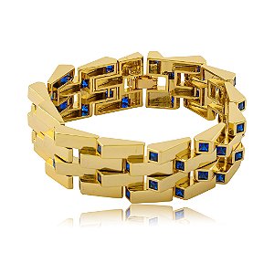 Pulseira dourada com detalhes cravejados de zircônia safira banho em ouro 18k