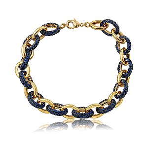 Pulseira de corrente com elos cravejados de zircônia safira banho em ouro 18k