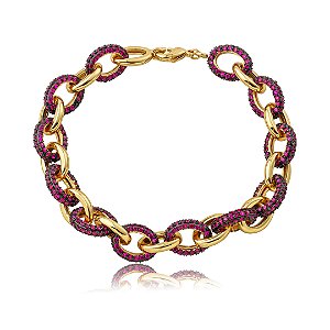 Pulseira de corrente com elos cravejados de zircônia pink banho em ouro 18k