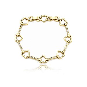 Pulseira de coração cravejada de zircônia cristal banho em Ouro 18k