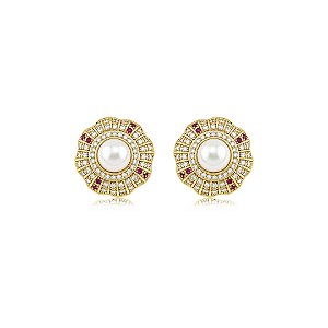 Brinco cravejado de zircônia cristal com pérola shell banho em ouro 18k