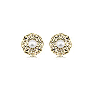 Brinco cravejado de zircônia cristal com pérola shell banho em ouro 18k